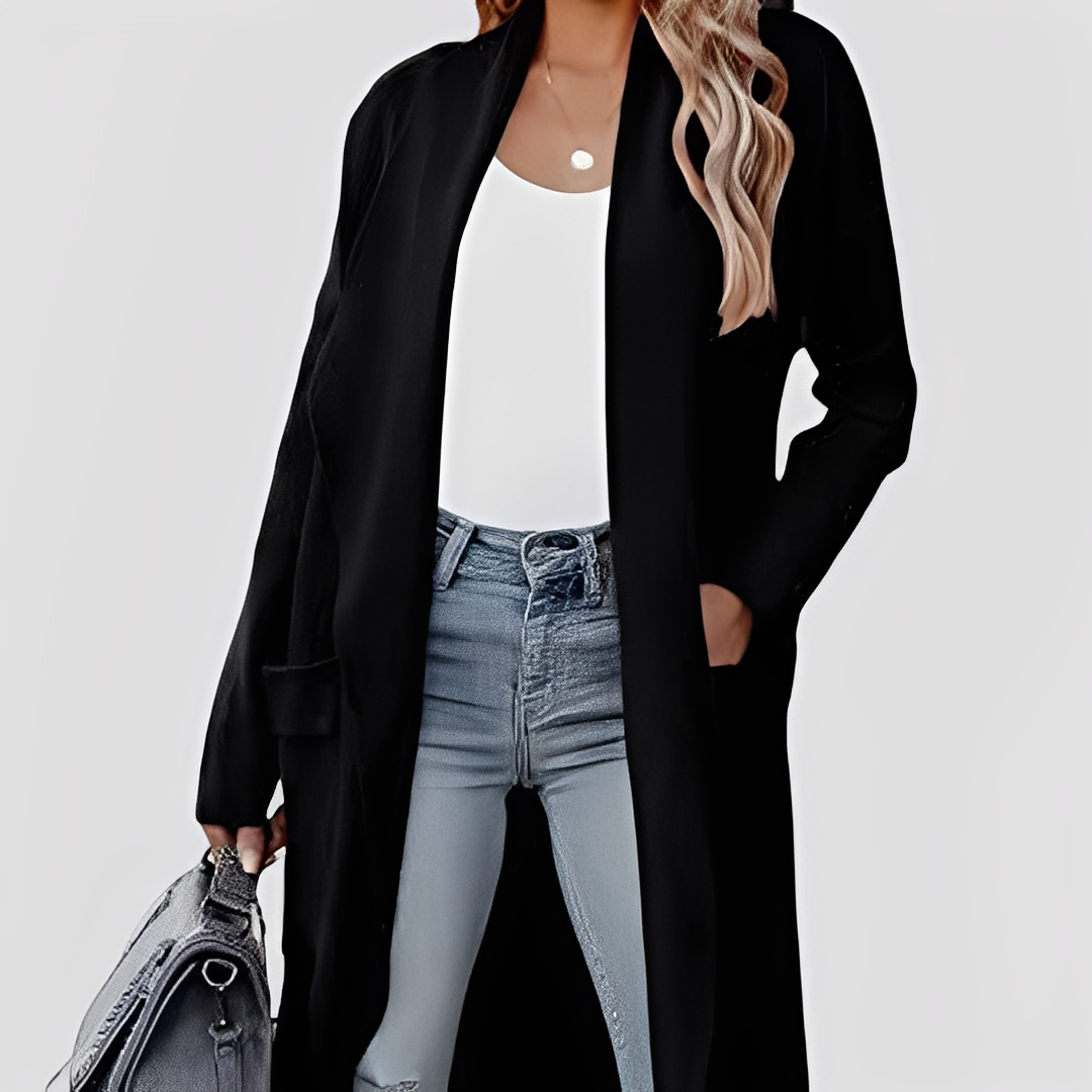 Chantal - Tilfeldig lang tweed-strikkejakke for damer