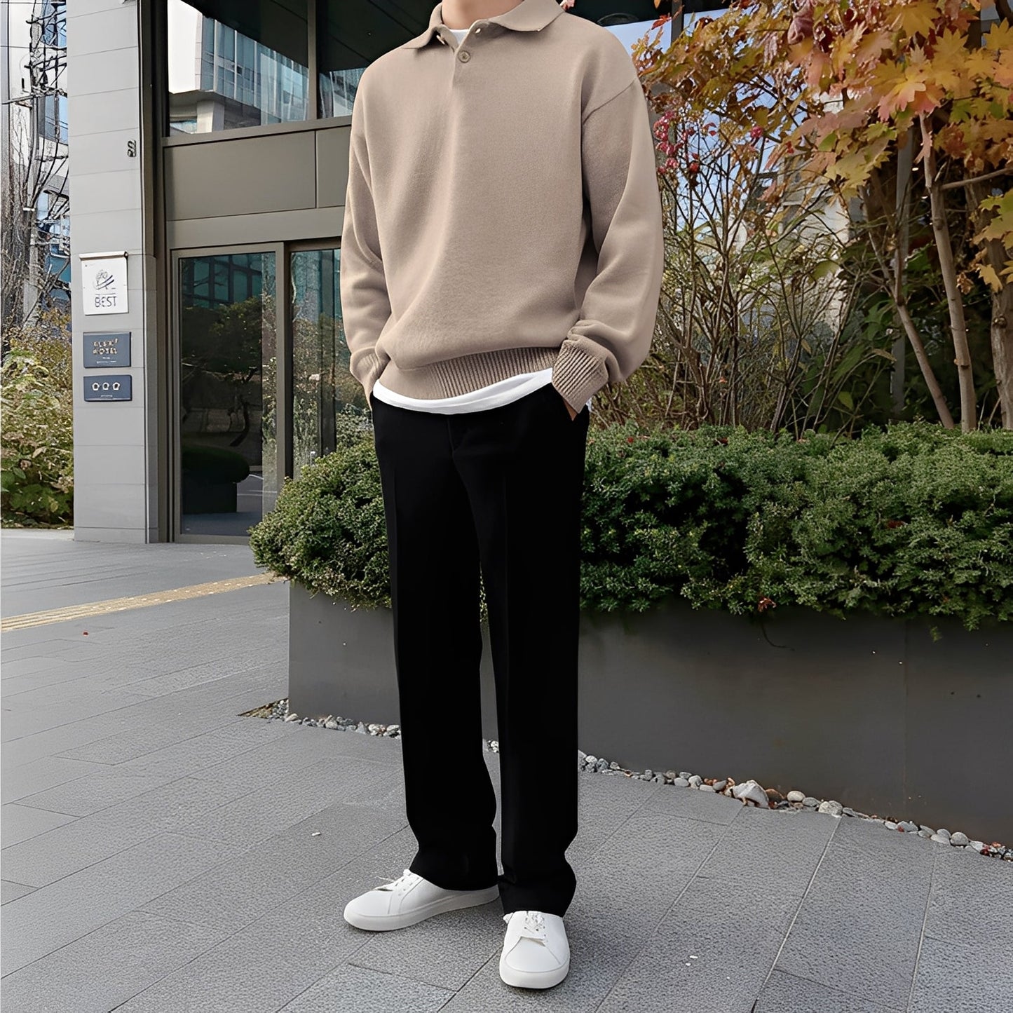 Bernard - strikket langermet poloskjorte for herrer