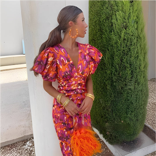 Gaëlle - Fargerik kjole med plisserte ermer for kvinner