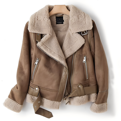 Marianne - Stilfull skinnjakke i semsket skinn med belte for damer