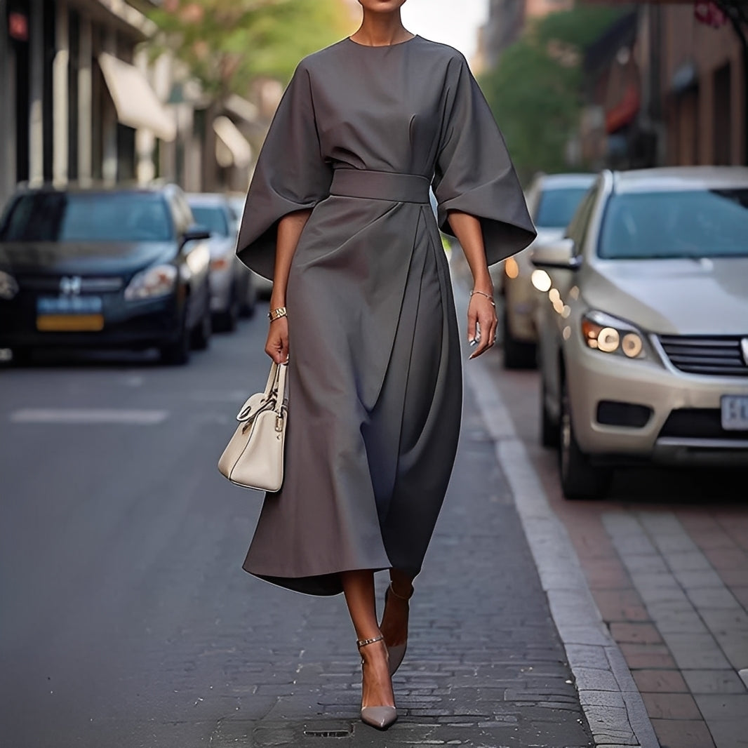 Élise - Elegant kjole med lanterneermer og belte for kvinner