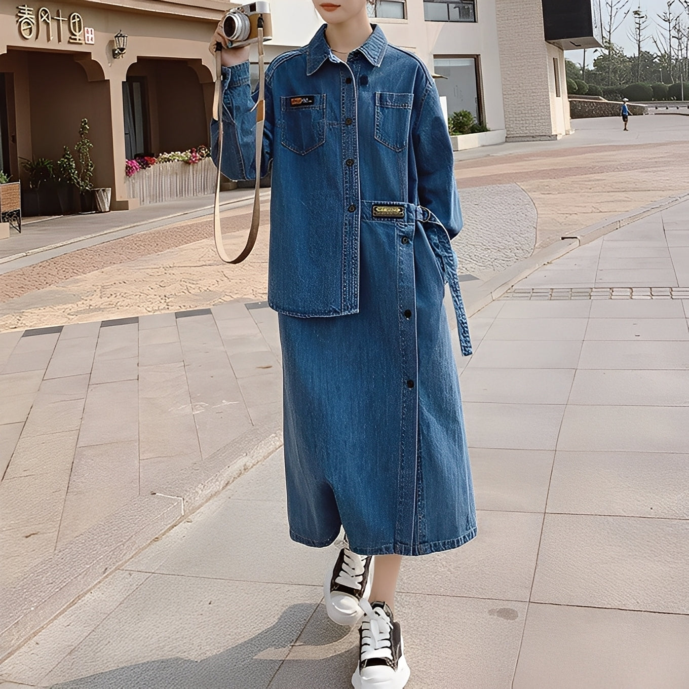 Christabel - Lang retro-denimkjole med lommer for damer