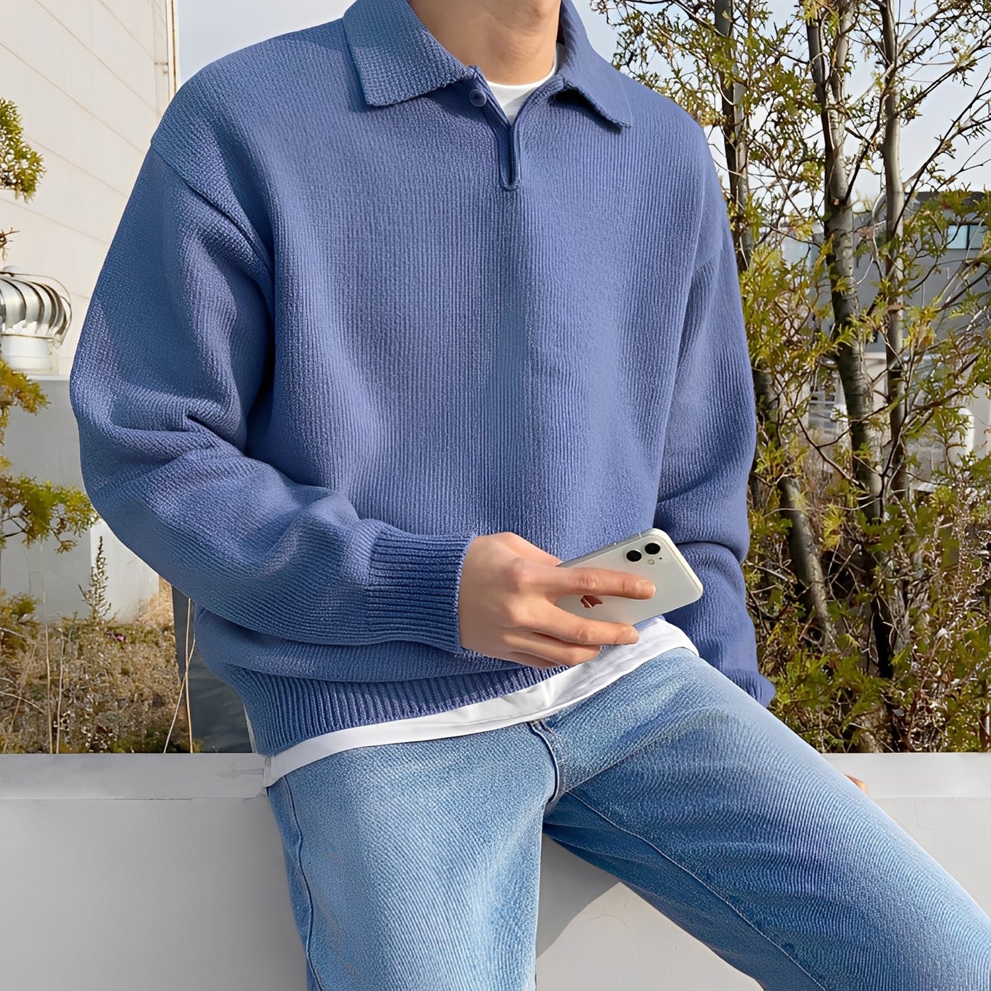 Bernard - strikket langermet poloskjorte for herrer