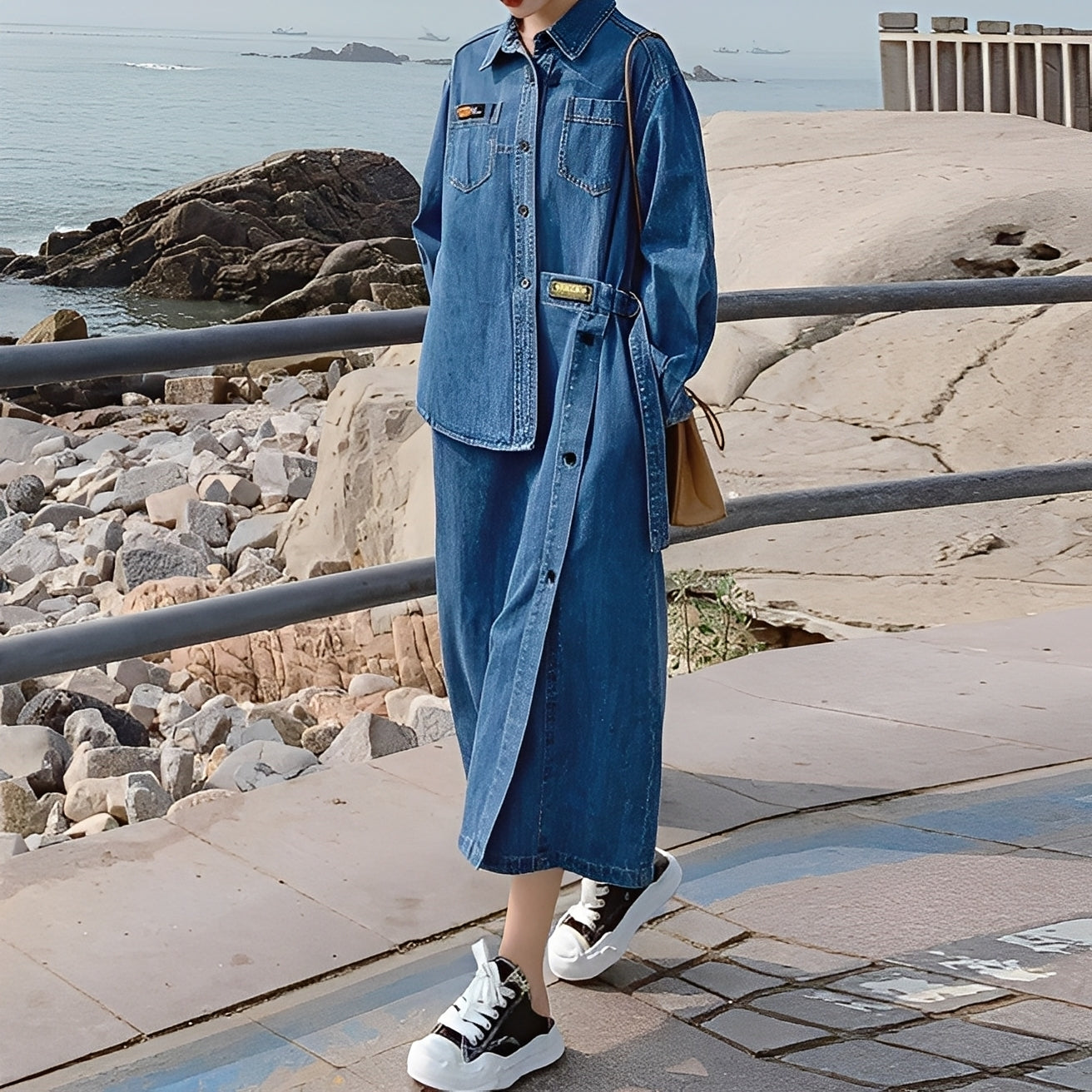 Christabel - Lang retro-denimkjole med lommer for damer