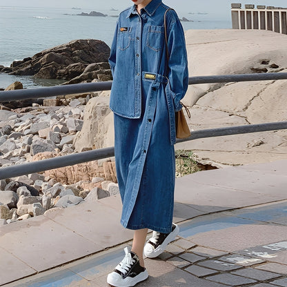 Christabel - Lang retro-denimkjole med lommer for damer