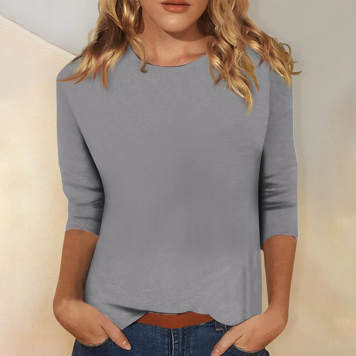 Katherina - Tilfeldig damebluse med rund hals og lange ermer