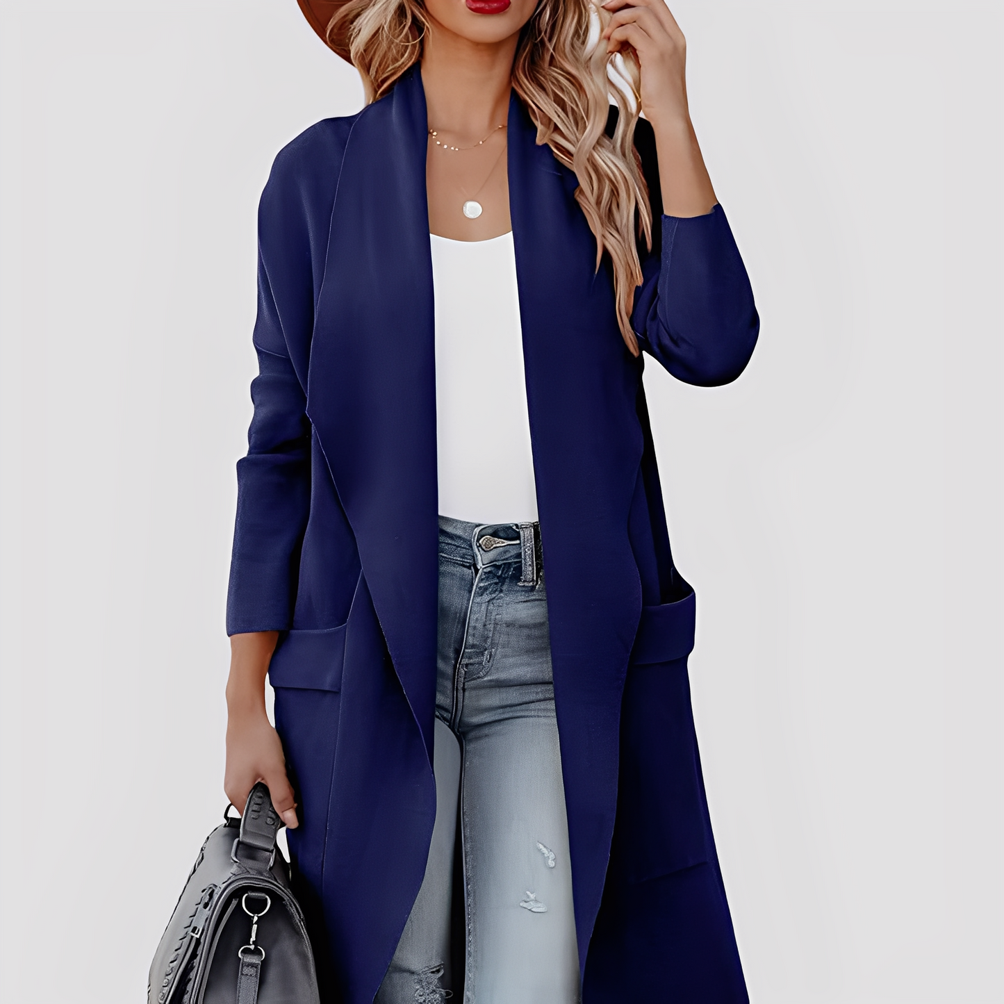 Chantal - Tilfeldig lang tweed-strikkejakke for damer