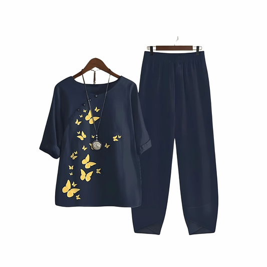 Katarina – Trykt Bluse- og Bukse-sett